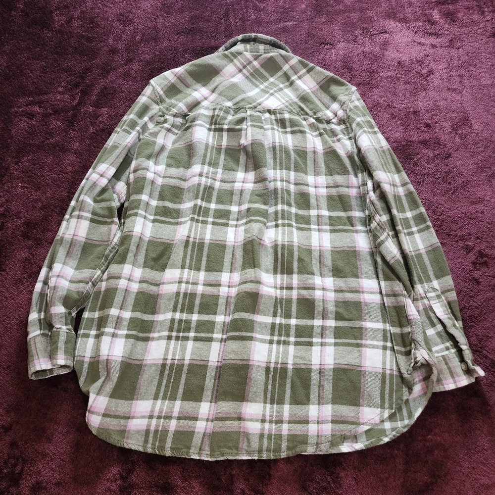 Gap Womens Flannel Shirt Large Olive Green Pink Plaid Cotton Button Down QLT5595